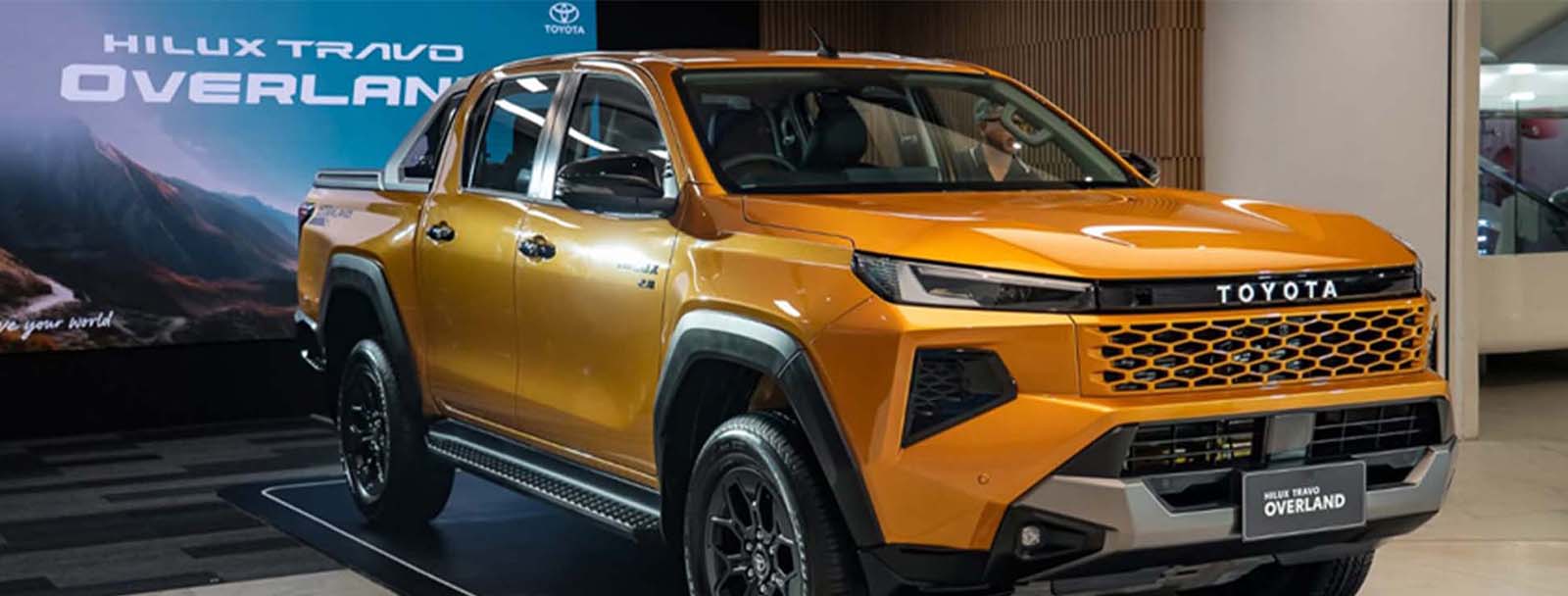 Toyota Hilux Revo Overland 2026 new model in dark grey color on display at Toyota showroom.